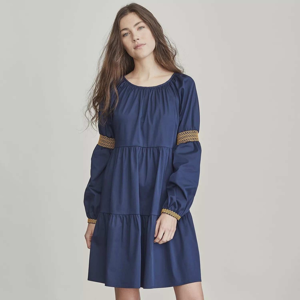 Elizabeth and James Peasent Blue Tiered Mini Dress Crochet Lace Long Sleeve M